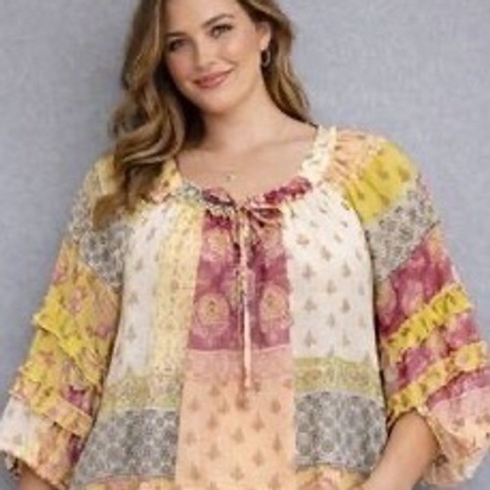 Cato Womens Patchwork Print Ruffle Tie Neck Blouse‎ Pink Yellow Size L